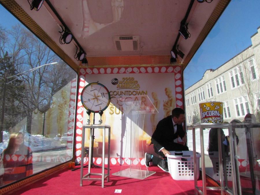 Cameron Mathison setting GMA Oscar bus for trivia game. 