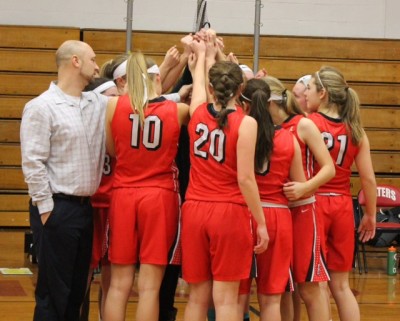 Girls Basketball huddling together before a game. 