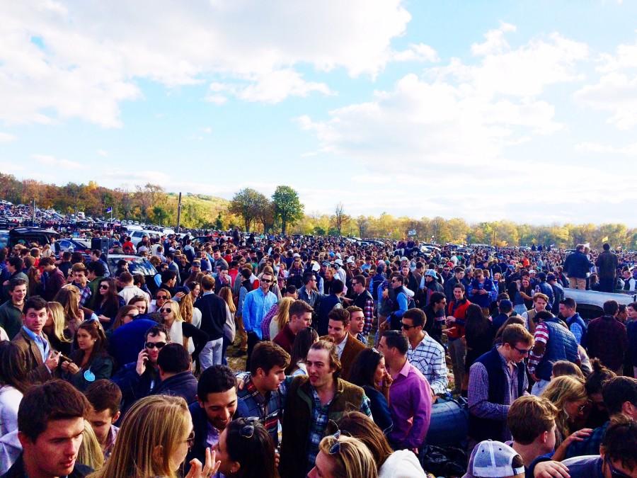 Students socializing in the infield. 