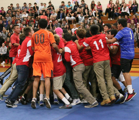 The Boys soccer team does the dale vu during the pep rally in October. 