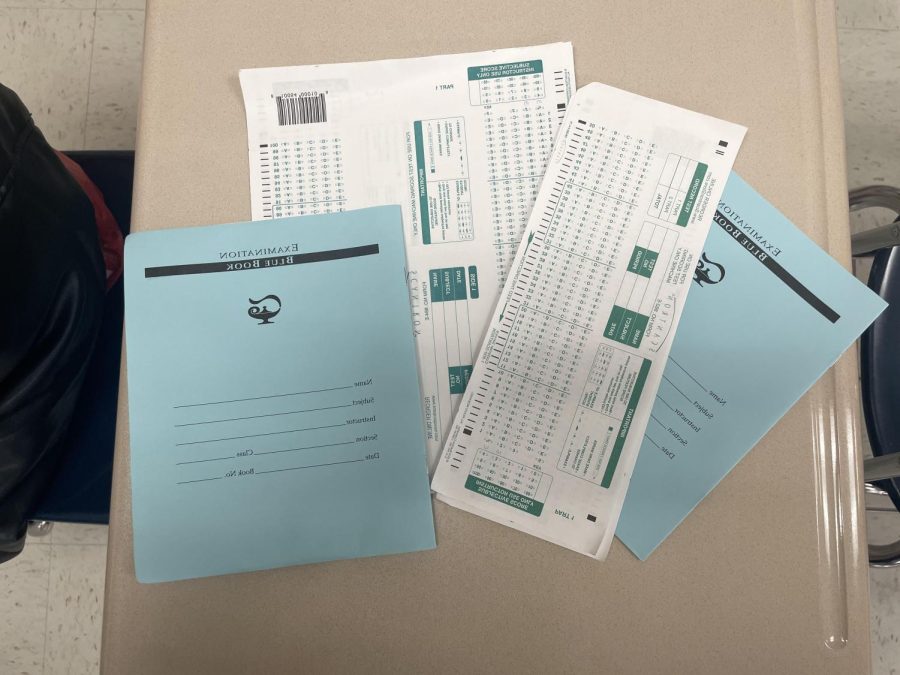 Scantrons and blue books often used for standardized testing and  essays 