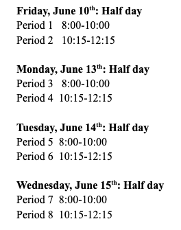 The schedule for final exams at Bernards High School