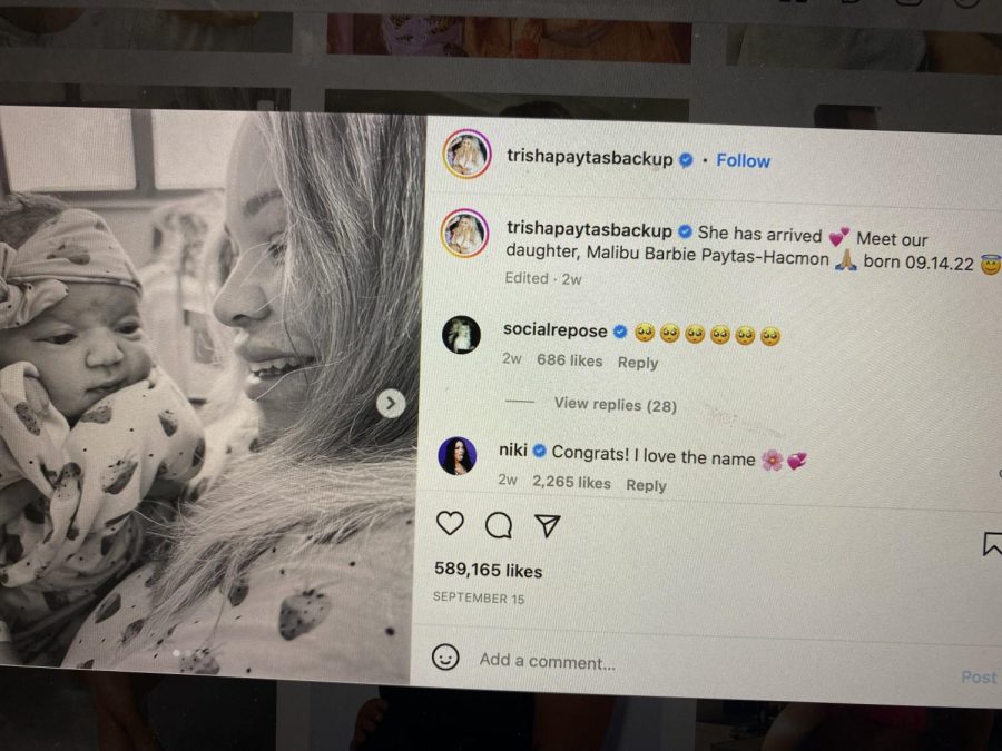Trisha Paytas Instagram announcement about her daughter, Malibu Barbies birth.