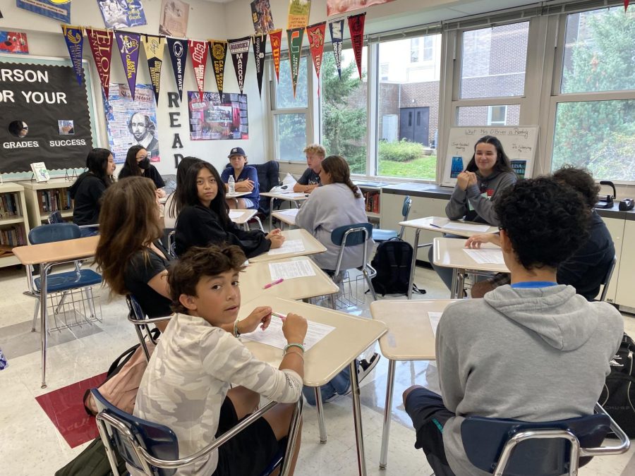 Students participating in the school-wide book talk in September, 2022 during the first week of school