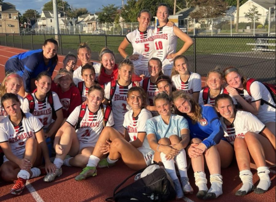 The girls team after winning their game against Manville HS on their senior night