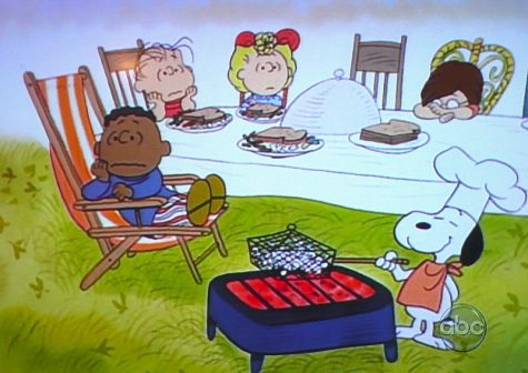 Iconic Thanksgiving feast scene from A Charlie Brown Thanksgiving special