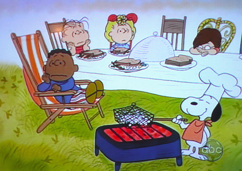 Iconic Thanksgiving feast scene from "A Charlie Brown Thanksgiving" special