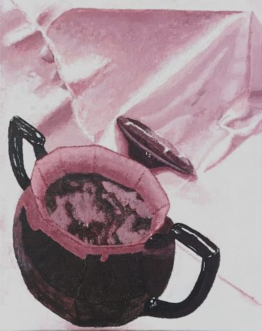 Drawing of a bright red monochromatic still-life of a teapot made in AP Art