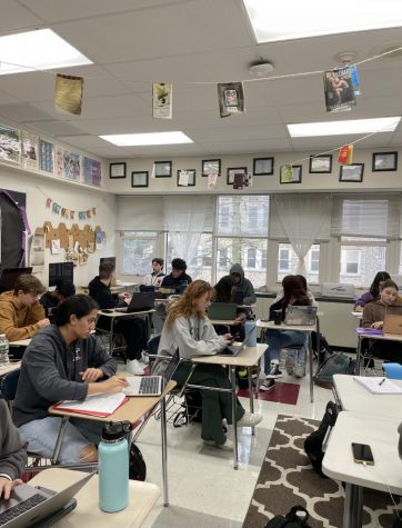 Members of the journalism classes working on their articles and producing the next issue