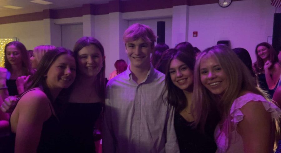 five juniors enjoying the dance; from left to right: Meghan Robinson, Courtney Davis, Troy Stauffer, Kayla Najera, and Tessa Etergino 