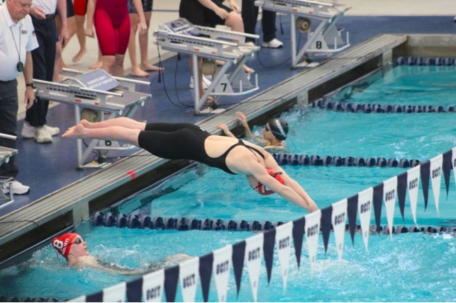 Junior Meghan Robinson dives into the water, beginning her race in the 100 breaststroke 