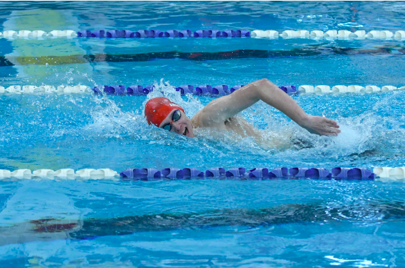 Junior Tommy Ambelang pushes through his 50 free race during the regular season