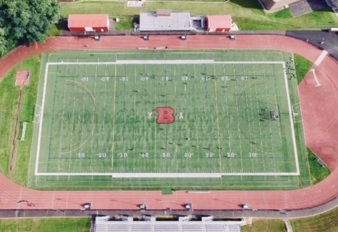 Overview of the current turf and track; Big 'B' is centered in the middle.