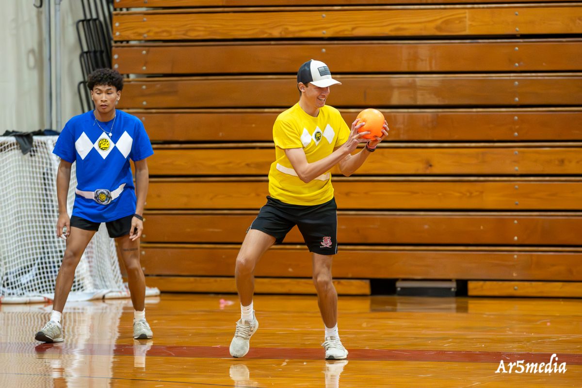 Senior Evan Hoeckele making a clutch catch during the dodgeball tournament