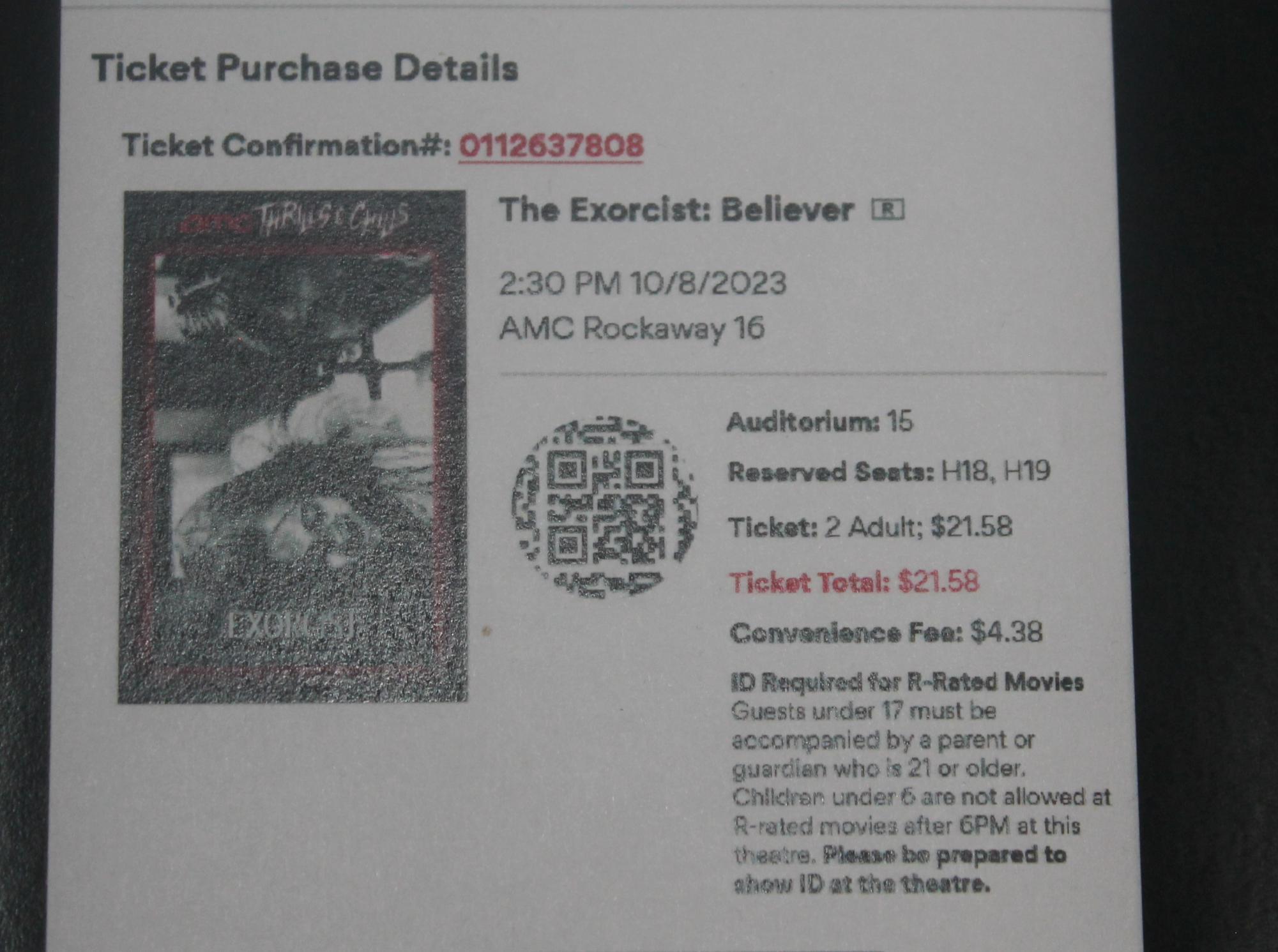 Student's receipt for "The Exorcist: Believer"