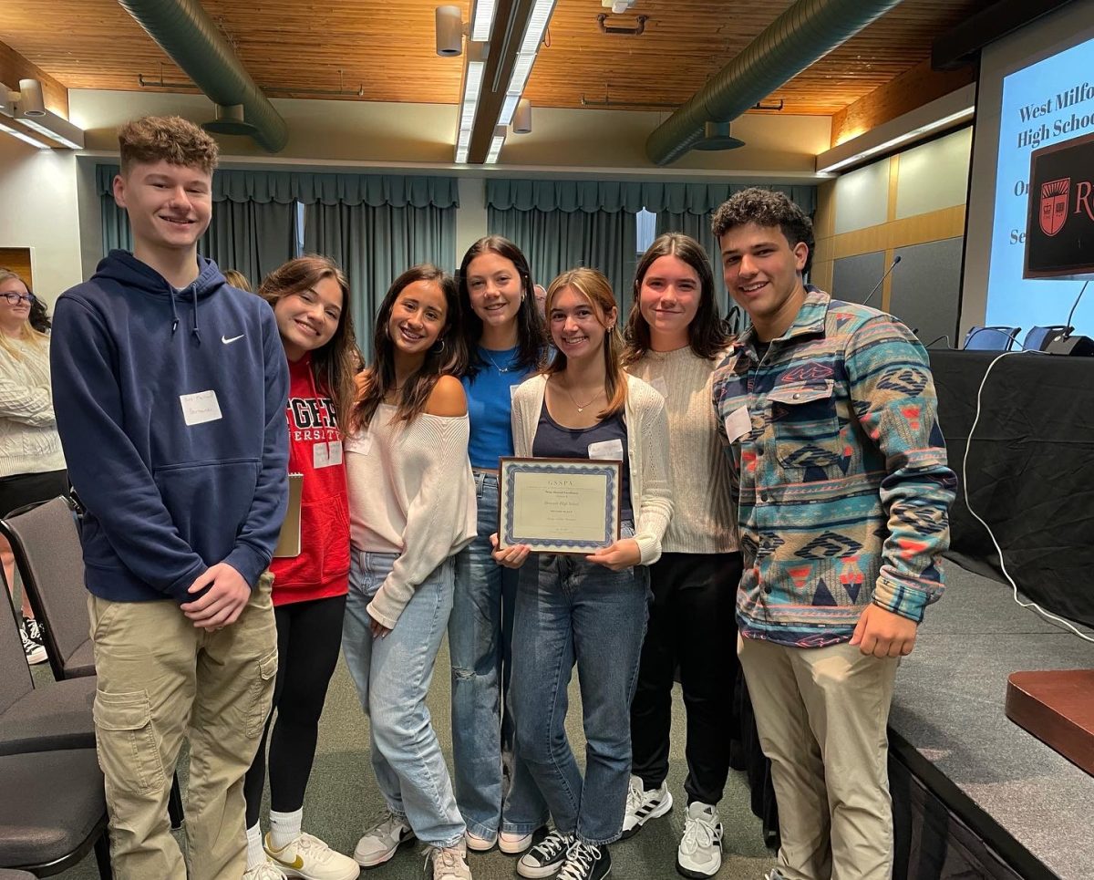 The Crimson and the Bernardian Staff receiving awards for the yearbook and the newspaper. From left to right: Matt Mariani 24, Rose Costello 24, Abby Medina 24, Madison Ferruggia 24, Ava Highland 24, Claire Taylor 25, Ari Rosen 25