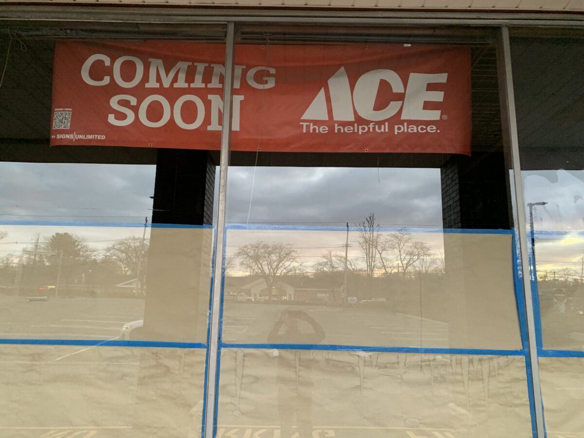 ACE Hardware sign in the old Kings store location, set to start construction shortly.