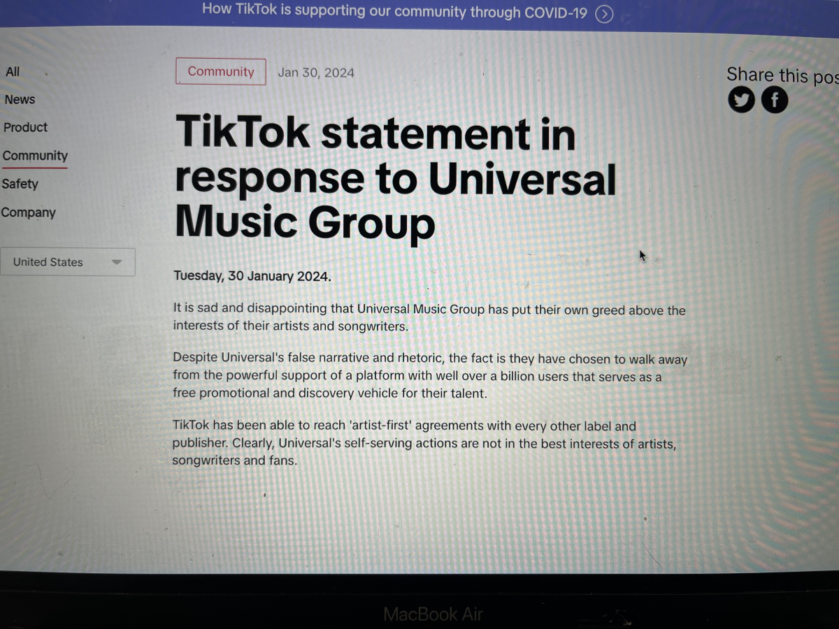 Tiktoks statement on UMGs actions as posted on TikTok Newsroom