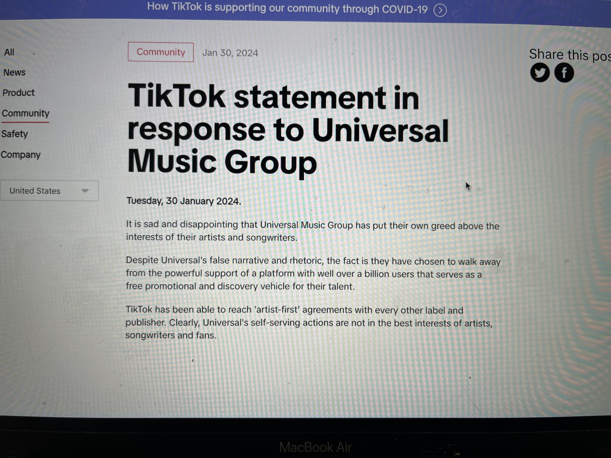 Tiktok's statement on UMG's actions as posted on TikTok Newsroom