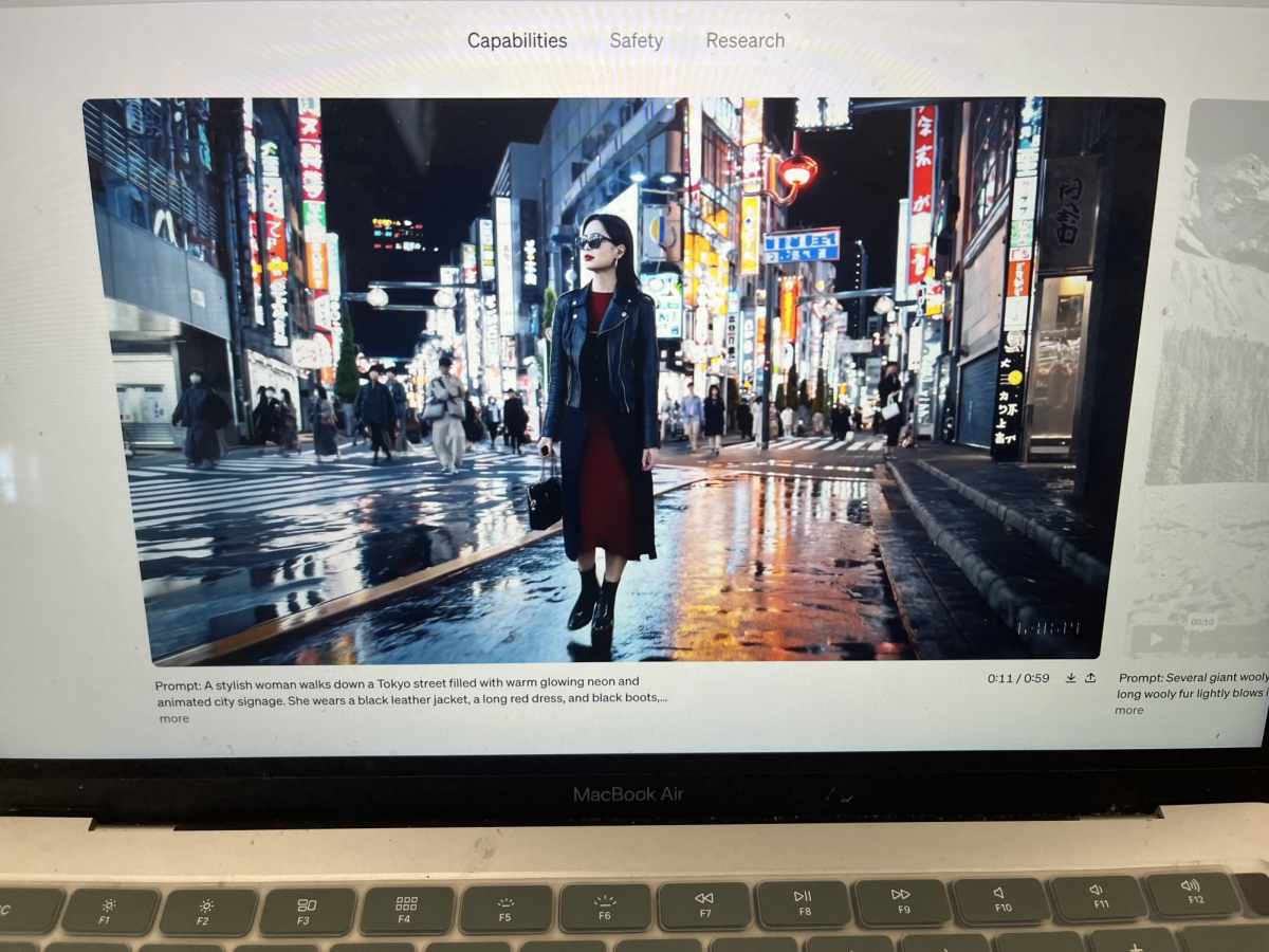 AI-generated video of a woman walking through Tokyo, as featured on the Sora website