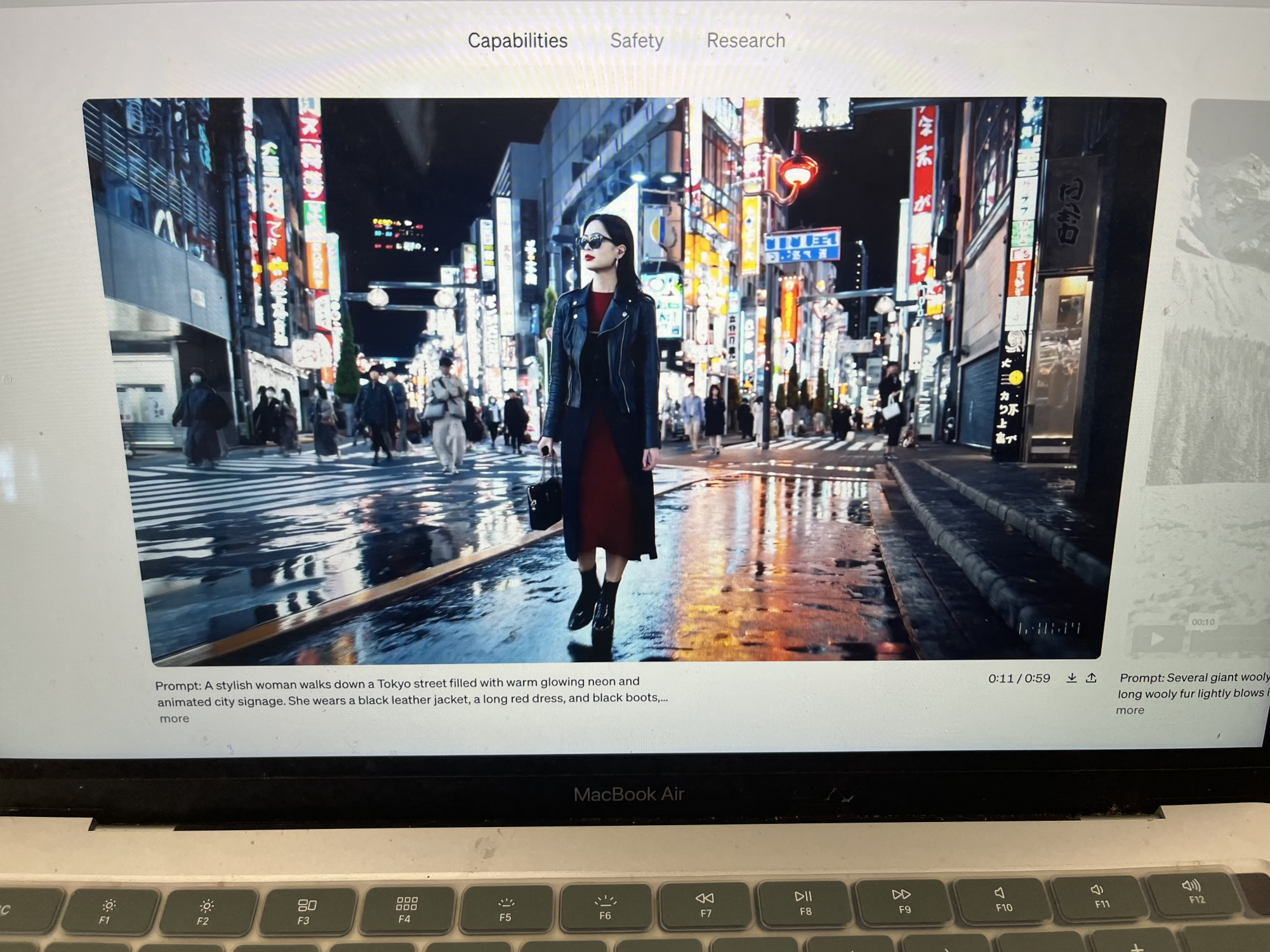 AI-generated video of a woman walking through Tokyo, as featured on the Sora website