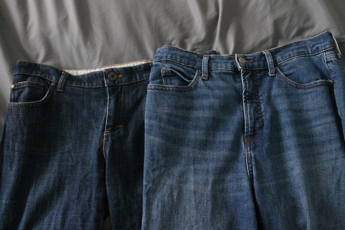 Side-by-side comparison of vintage slow fashion (left) and fast fashion (right) denim