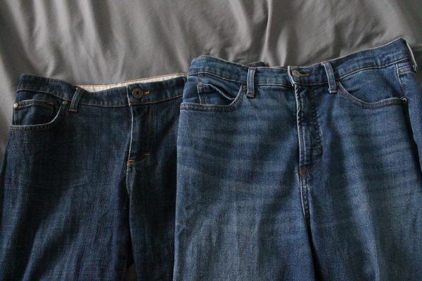 Side-by-side comparison of vintage slow fashion (left) and fast fashion (right) denim