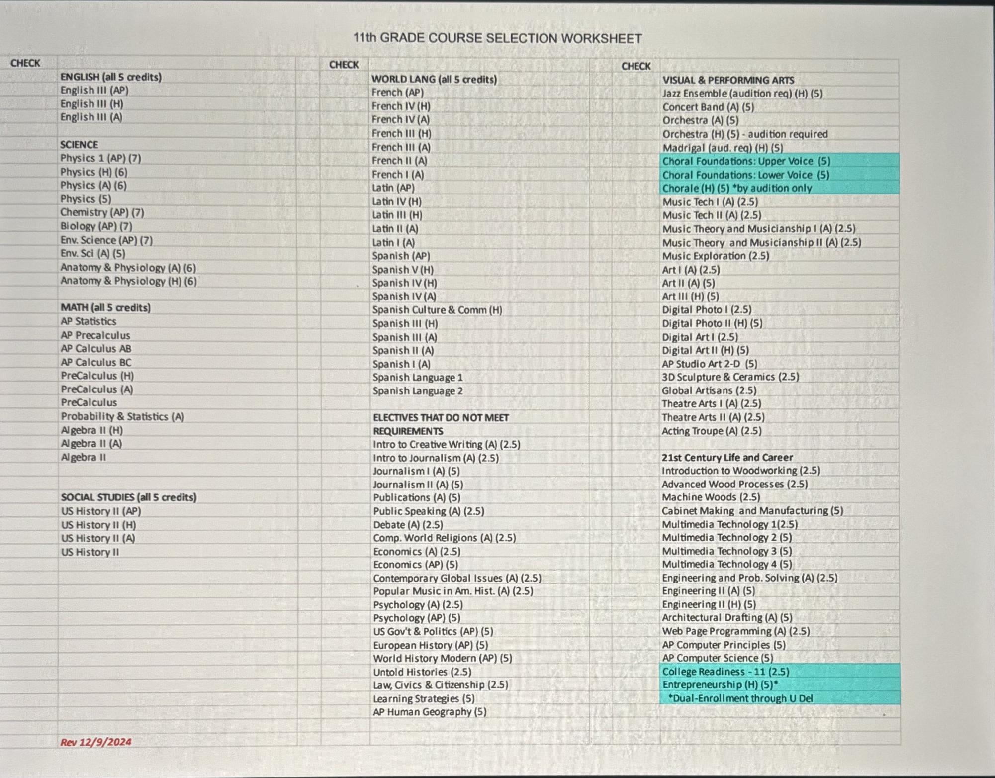 The highlighted blue are the classes that are offered as  dual enrollment 