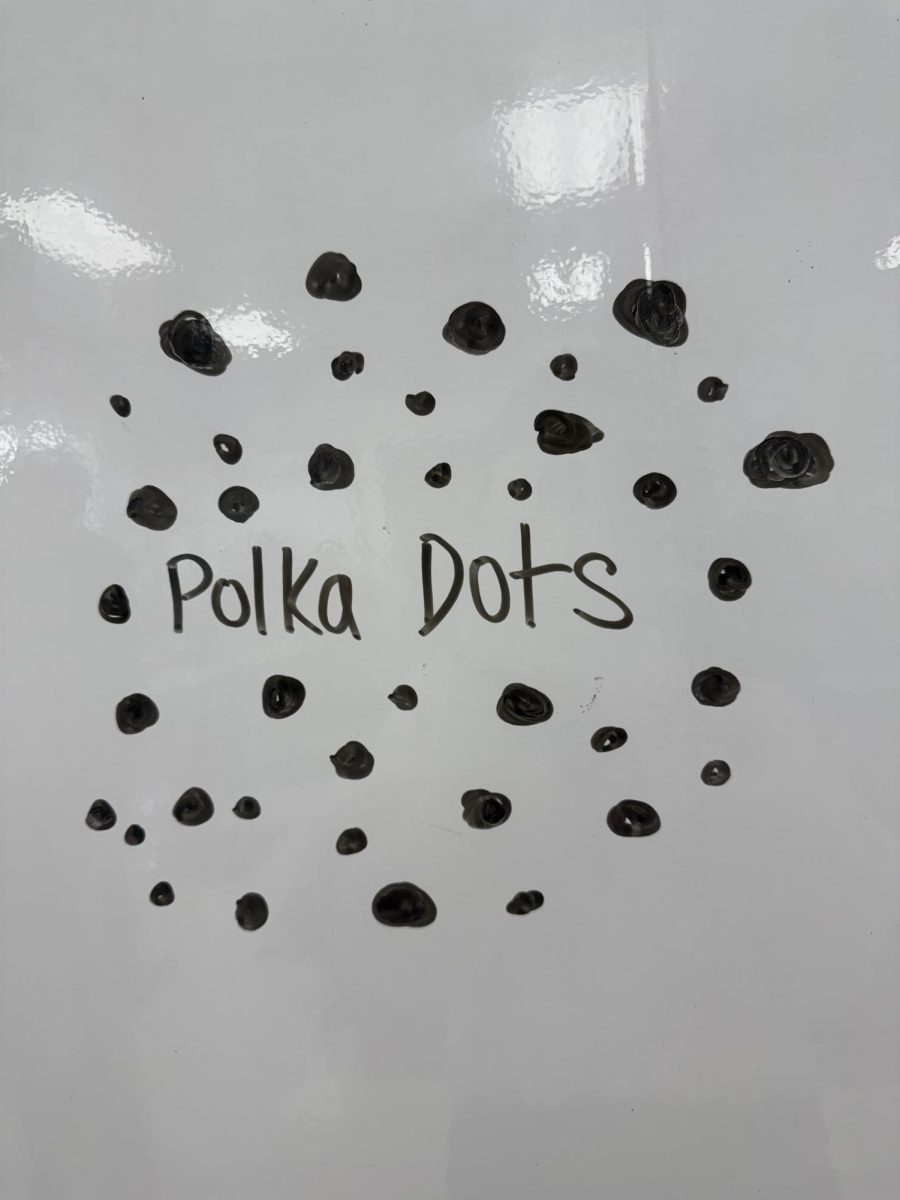 Picture of polka dots drawn out on a whiteboard. 