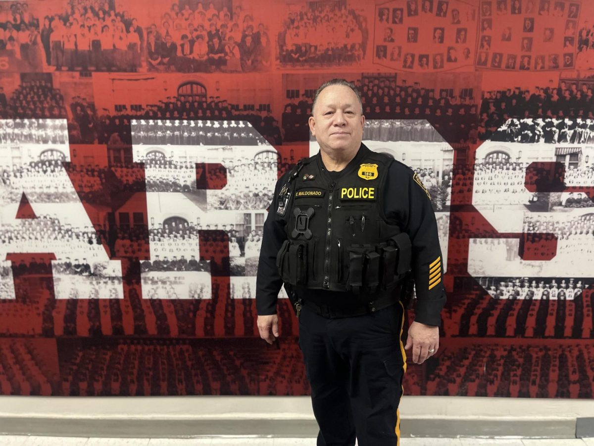 Officer Maldonado poses outside of the media center where you can often see him.