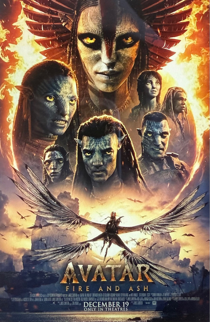 Movie poster of "Avatar: Fire and Ash" which is displayed in theaters