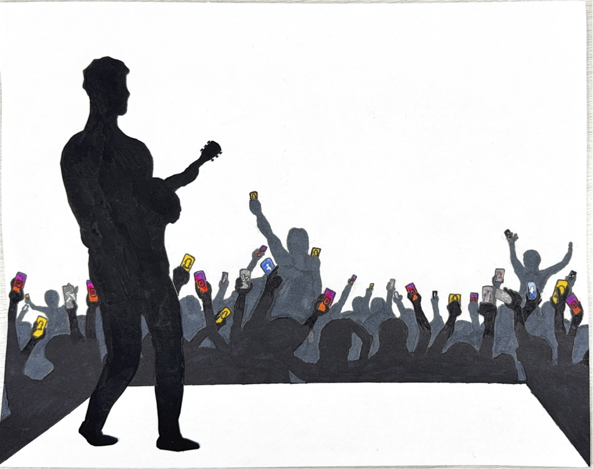 Art of an artist playing in front of a crowd being broadcasted on social media