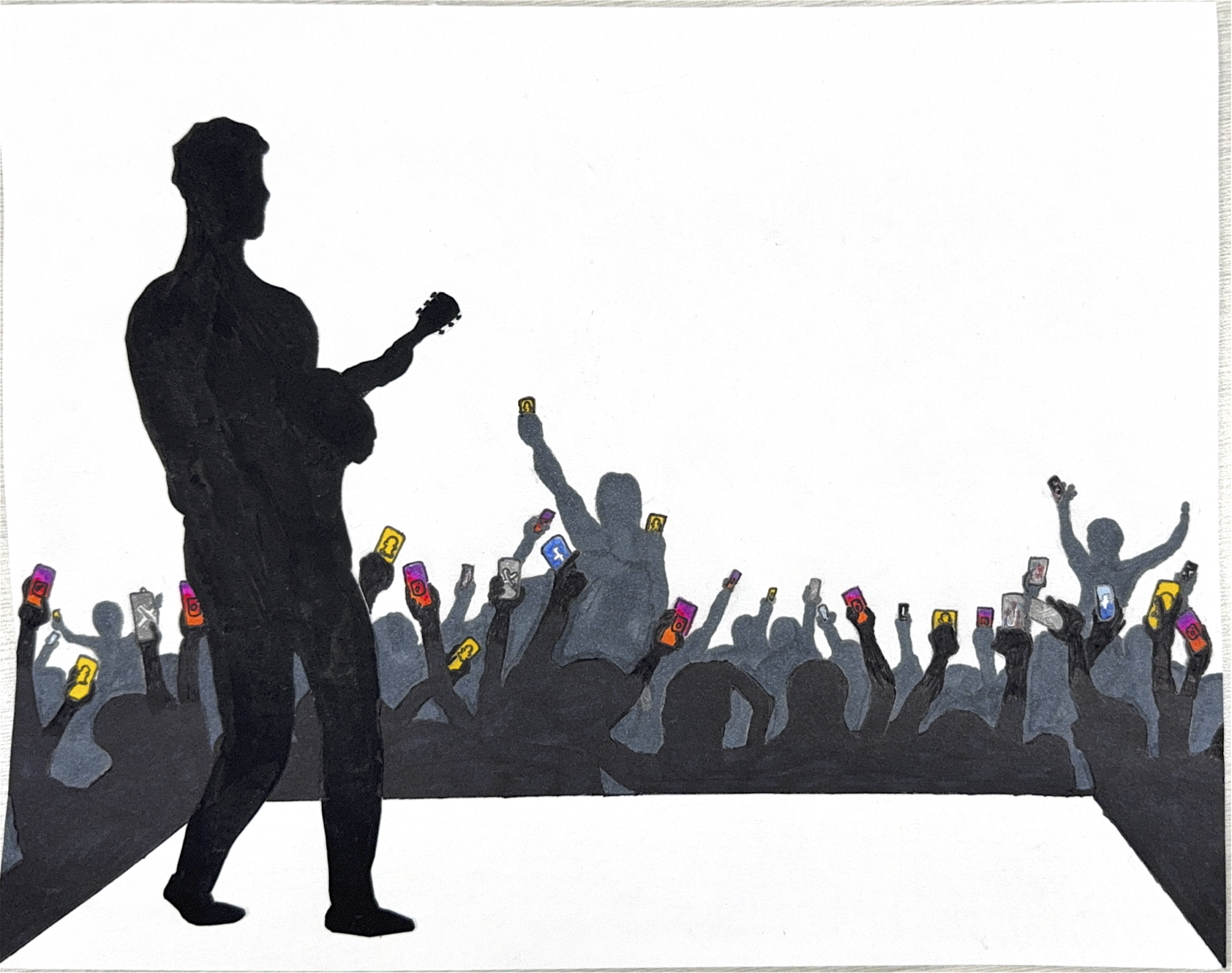 Art of an artist playing in front of a crowd being broadcasted on social media